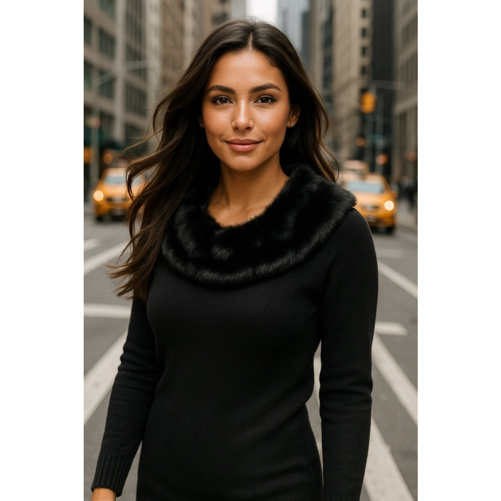 Karen Kane InStyle Sweater Merino Wool Faux Fur Collar Glam Black S Quiet Luxury